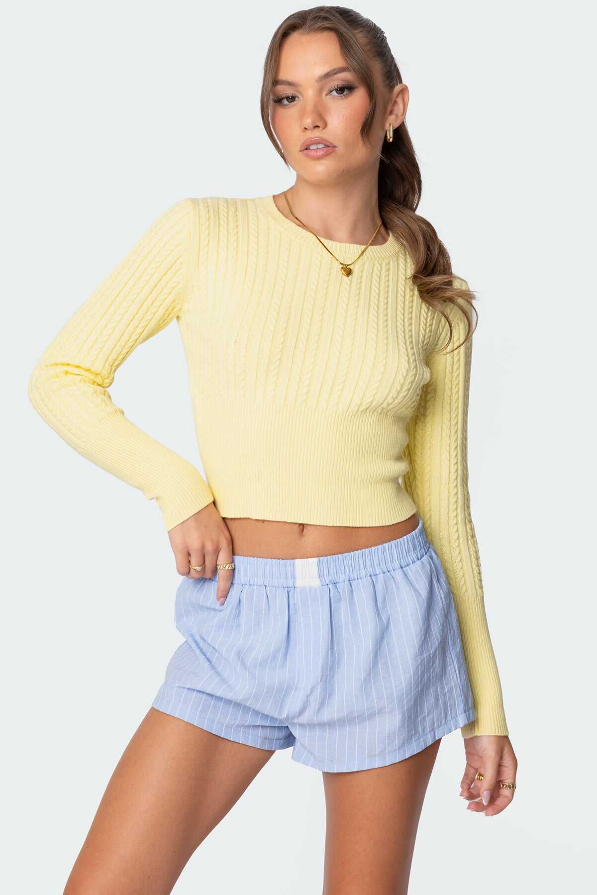 Light Yellow Cable Short  Knit Sweater