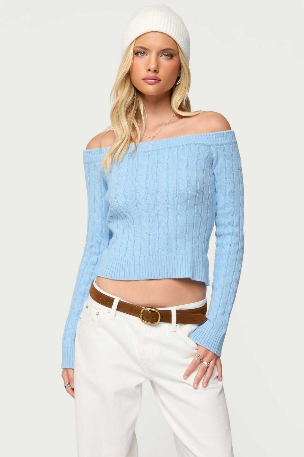 Off Shoulder Cable Knit Sweater