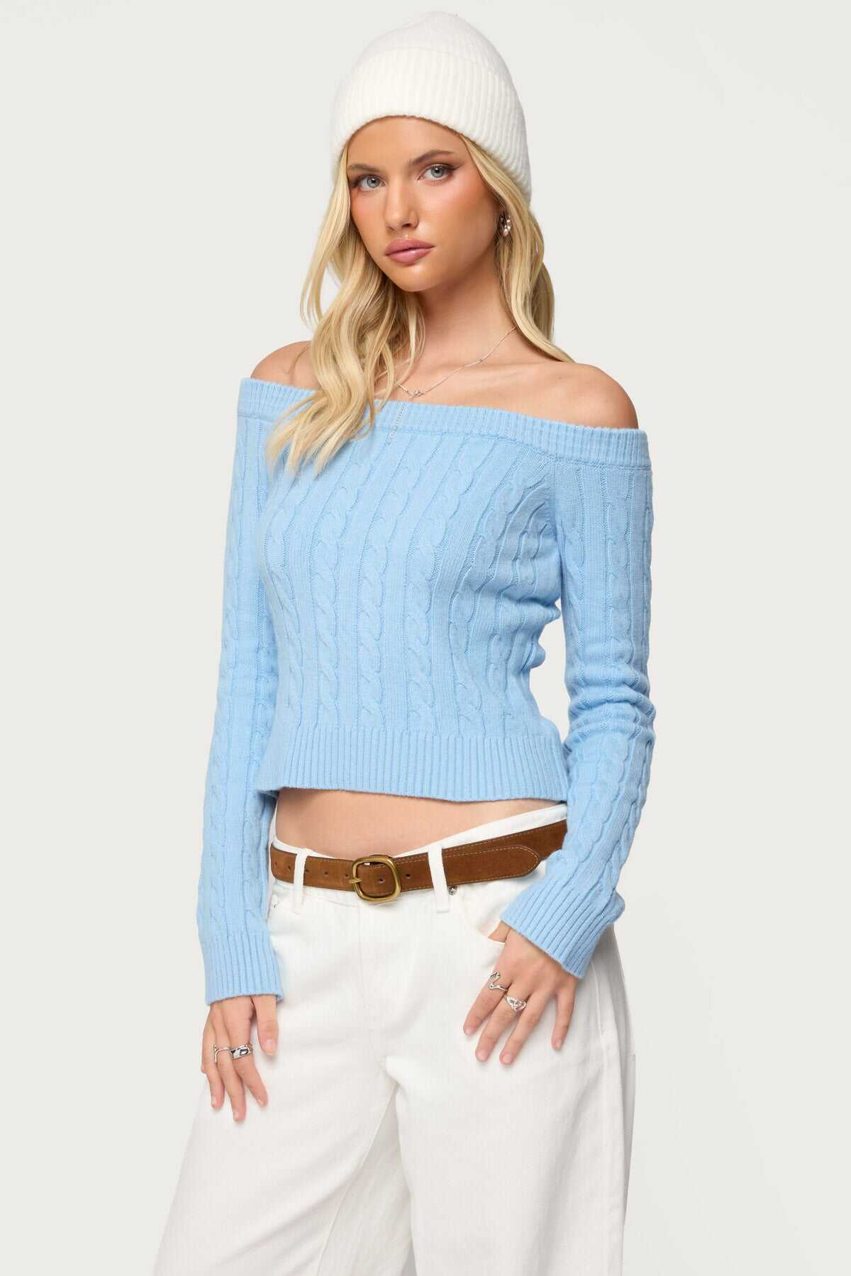 Off Shoulder Cable Knit Sweater