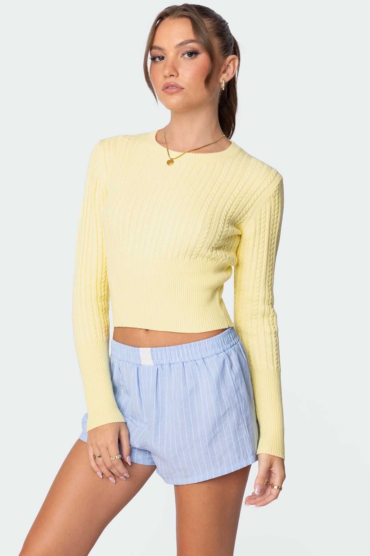 Light Yellow Cable Short  Knit Sweater