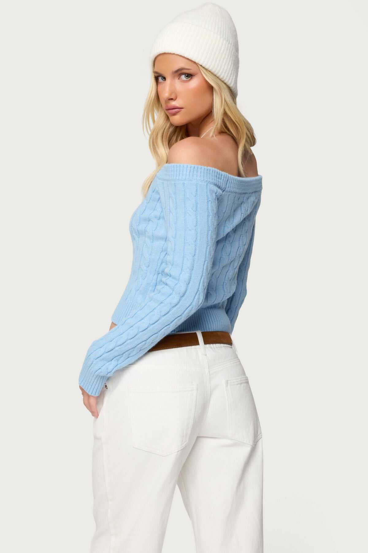 Off Shoulder Cable Knit Sweater