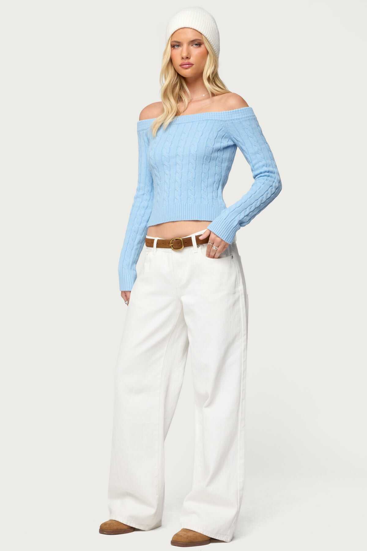 Off Shoulder Cable Knit Sweater